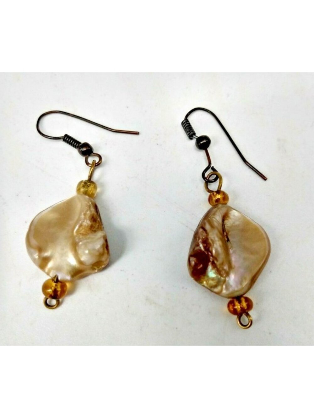 Irridescent Mother of Pearl Vintage hand made drop earrings 1 1/2" x 3/4" approx